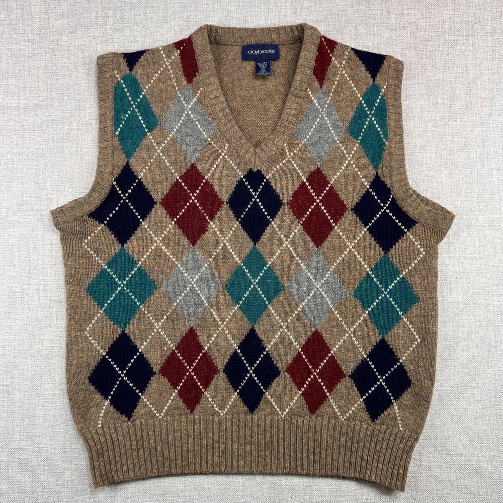 Vintage Y2K Claybrooke Argyle Sweater Vest‎ Men XL Brown Preppy Academia Ivy
